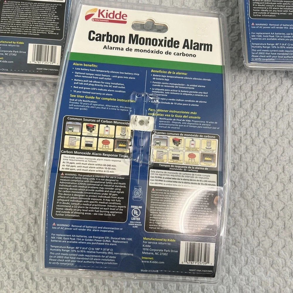 Kidde Carbon Monoxide Alarm Plug-In Detector Battery Backup‎ KN-COB-DP2 Set of 3